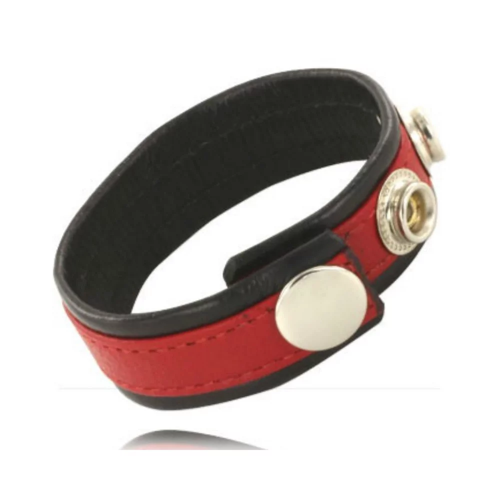 LEATHER BODY COCK AND BALL STRAP WITH SNAPS - BLACK AND RED