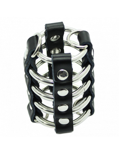 OHMAMA FETISH LEATHER STRAP METAL RING COCK CAGE WITH BALL DIVIDER
